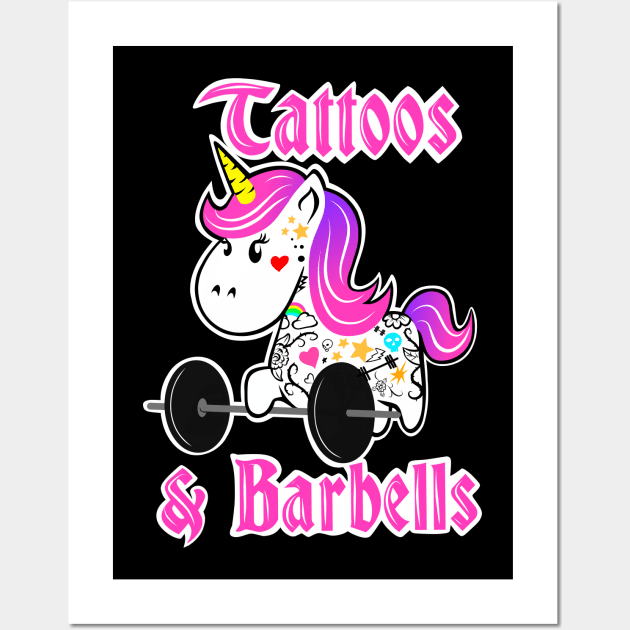 barbell unicorn, tattooed and strong, girls who lift, gym girl Wall Art by TimAddisonArt